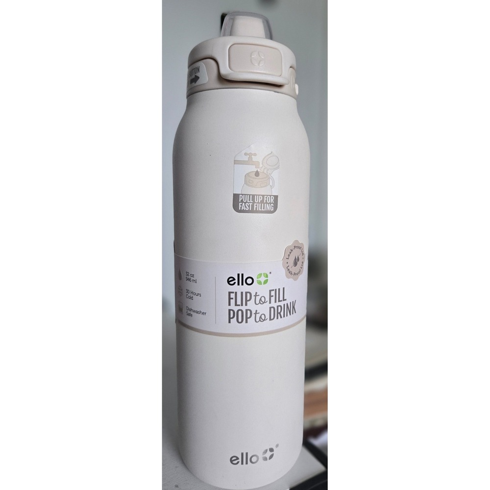 Ello Pop & Fill 32oz Stainless Steel Water Bottle Tonal Cream Insulated 30H Cold